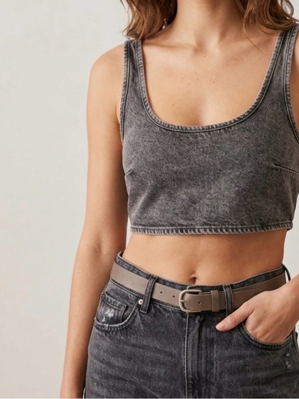 Zara TRF Denim Western Festival Cropped Gray Acid Wash Tank Top size medium